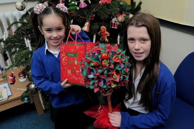 Nine year old Lia Watson who created a 'Sweet Tree', to raise funds, after her Grandfather was diagnosed with terminal Prostate Cancer. Lia held a raffle for the tree, at Langold Dyscarr Community school, which she attends. NWGU 15-12-14 Fundraiser, Lia is pictured with the Tree, and her sister Kadi (5) who is holding a bag of Raffle tickets. Kadi also attends the same school. ( 1 to 4)