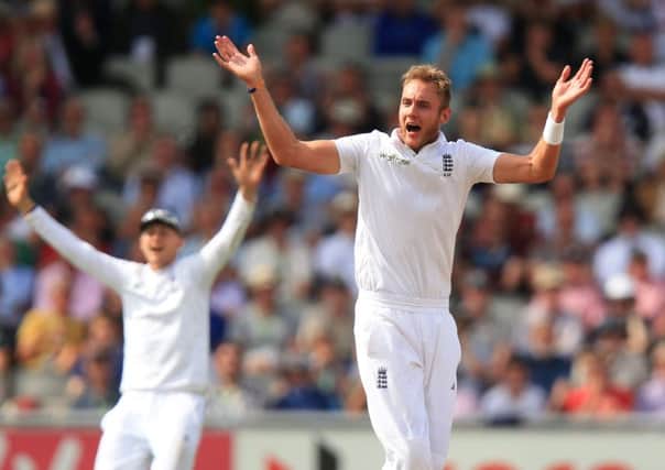 File photo dated 07-08-2014 of England's Stuart Broad appeals unsuccessfully for the wicket of India's Varun Aaron during the Fourth Investec Test at Emirates Old Trafford, Manchester. PRESS ASSOCIATION Photo. Issue date: Tuesday December 16, 2014. England's Stuart Broad took six for 25 as India were bowled out for 152 on day one of the fourth Investec Test. See PA story SPORT Christmas August. Photo credit should read Mike Egerton/PA Wire.
