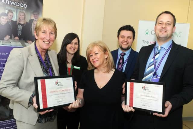 Jacqui Jameson, centre, Director of Careers Inc. hands over Quality Award certificates to Janette Shea, head of the Post 16 Centre, and Adrian Conyers, assistant Principal at Portland, also pictured are careers adviser Laura Moody and Gareth Turner, lead careers teacher, also from Portland.