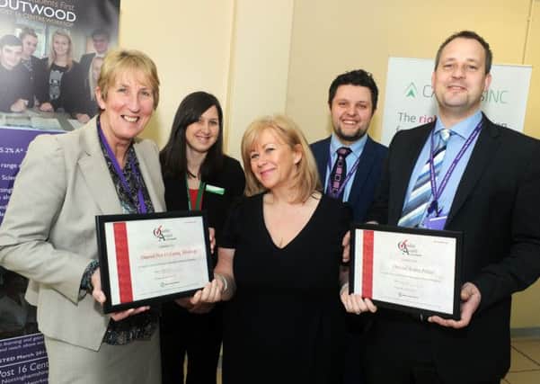 Jacqui Jameson, centre, Director of Careers Inc. hands over Quality Award certificates to Janette Shea, head of the Post 16 Centre, and Adrian Conyers, assistant Principal at Portland, also pictured are careers adviser Laura Moody and Gareth Turner, lead careers teacher, also from Portland.