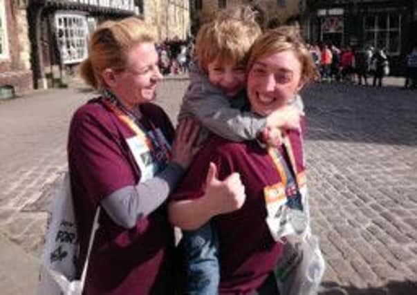 Charley with runners, Laura and Rachel