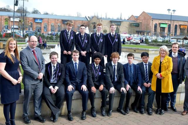 Alison Hall with Chris Savoury from Gainsborough Academy, Lesley Rollings also from the Academy, Nigel Dawson from QEHS and Gavin Ward with the pupils who visited Marshalls Yard.