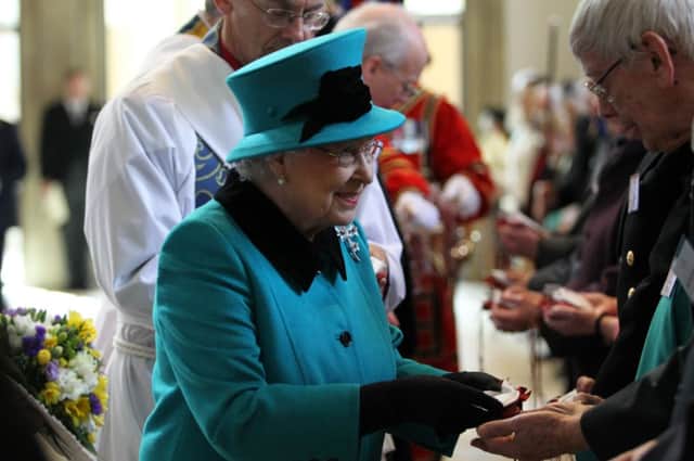 Her Majesty The Queen and His Royal Highness The Duke of Edinburgh attended the Royal Maundy Service at Sheffield Cathedral on Thursday 2nd April 2015. The Majesty The Queen distributes the Maundy money.