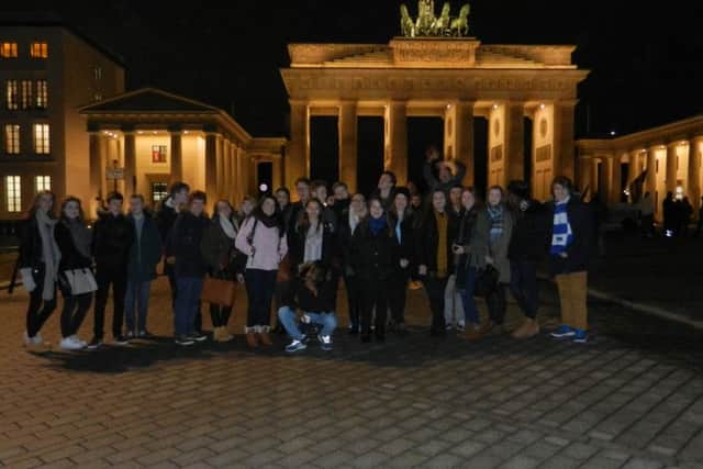 Wales High School students at the Brandenburg Gate during rheir visit to Berlin