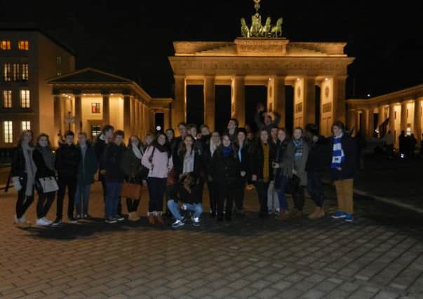 Wales High School students at the Brandenburg Gate during rheir visit to Berlin