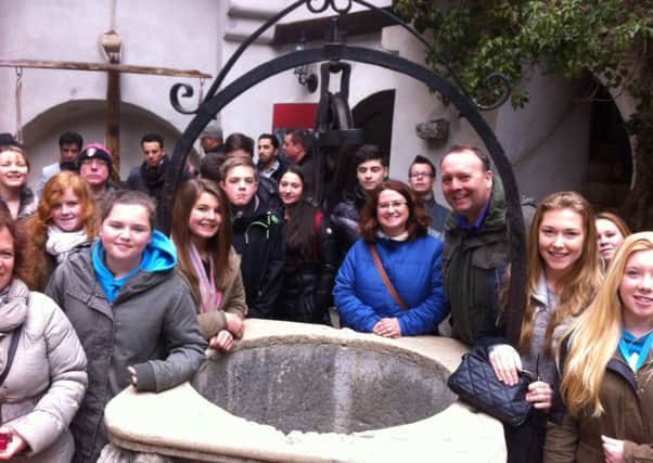 Wales High School staff and students in the town square at Sibiu
