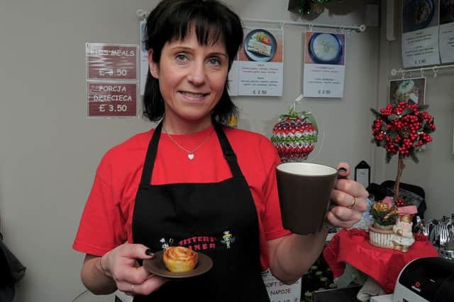 Sisters Diner owner Maggie Kopanska with the Danish Pastry & Tea or Coffee, available free this week.
Sisters Diner is at 52 Gateford road, Worksop.
NWGU 15-12-14 Danish, Sisters Diner owner Maggie Kopanska, pictured with the Free Danish pastry & Tea or coffee ( 1 & 2).