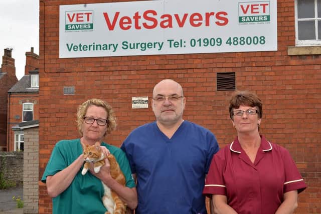 Staff at Vet Savers have treated cats who have been shot with air rifles, pictured are from left head nurse Suzhy Winfield, Vet V Teodoru and receptionist Carol McClean