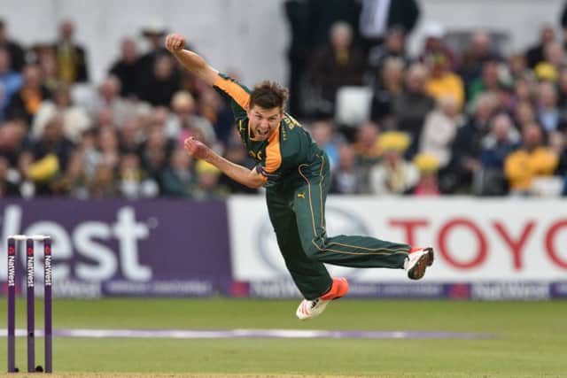 Harry Gurney following through during the NatWest T20 Blast match between the Outlaws and the Bears at Trent Bridge. Photo: Simon Trafford