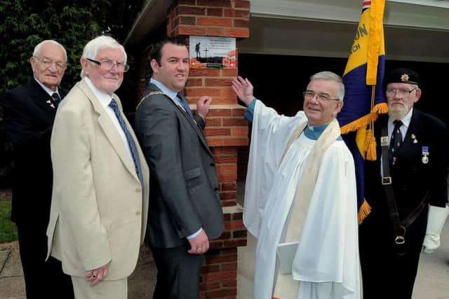 The Rededication of the war Memorial & Shelter in Richmond Park Gainsborough NGAS 6-6-25 Rededication, L/R Derek Blagg Gainsborough Royal British Legion Chairman, Coun Michael Parish, Gainsborough Mayor Coun Matthew Boles, Standard Bearer David Cook (6)