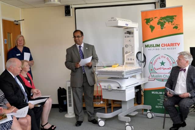 Handing over of resuscitaire unit to Bassetlaw Hospital Maternity Department from Muslim Charity, pictured speaking is fundraising manager Mr Sohail Agha