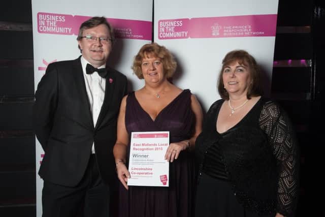 Award Catergory: Employee Volunteering Business - winner Lincolnshire Co-op with Andrew Bacon (Prince's Ambassador, left). The BITC Responsible Business Gala Dinner, at Athena, Leicester, 25 June 2015 .