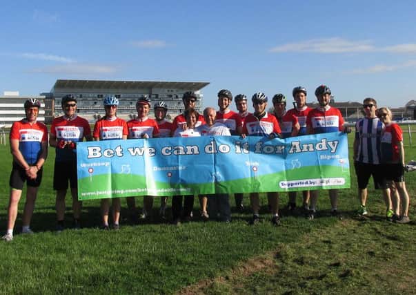Friends of Andrew Ellis at Doncaster racecourse on their charity ride
