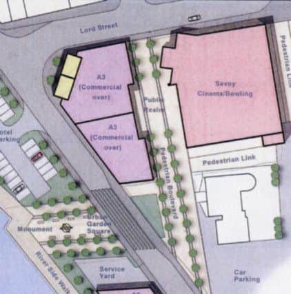 These are the blueprint plans for the Elswitha Quarter development, showing the proposed site for a new cinema, restaurant, shops and Whitton's Gardens hotel.