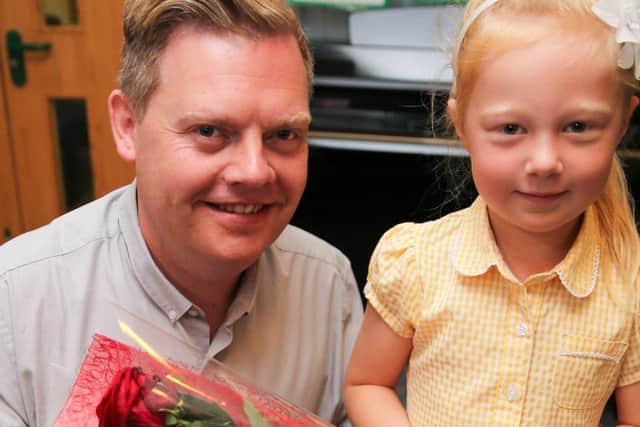 Guardian Rose nomination for Mr Bell at St Luke's C of E, on behalf of pupil Abbi Hopkinson L>R Mr Bell, Abbi Hopkinson age 6