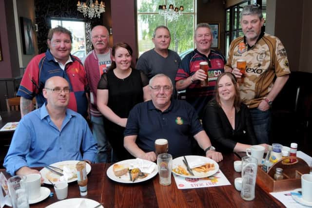 Military veterans & serving Forces personnel can enjoy Breakfast, a brew and a chat,at the newly formed ' Worksop Breakfast club', which meets at Yates Public house, Worksop.
NWGU 29-8-15 Veterans, Members & organisers of the new 'Worksop Breakfast club' at Yates public house, Worksop.
Back L/R; Simon Tierney, John Watson, Rebecca Veall (Duty Manager),
Jim Matthews, Martyn 'Mo' Howe, Kevin Hattley,
Front, Michelle Smith, Chris Hopkinson, Nigel Elliott.