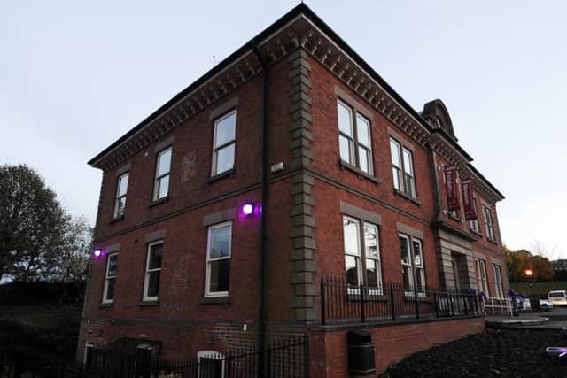 Valarie McHale at DH Lawrence Heritage Centre to turn on purple lights around the building to raise awareness of pancreatic cancer, she is a sufferer. Pictured here is the building after the light switch on.