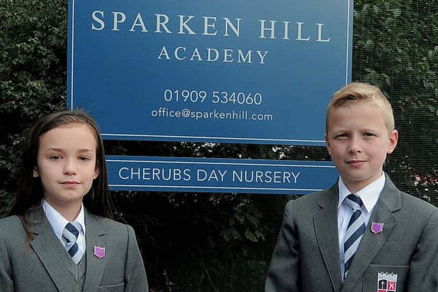 Various pics of Sparken Hill School, Worksop for feature.
NWGU 3-9-15 Sparken Hill, New School sign with Head Girl & Boy, Maddison & Aidan (3 & 4)