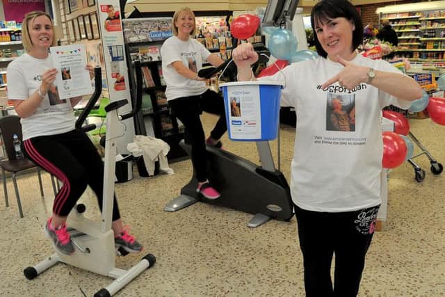 A team from Worksop took part in a Charity Stationary bike ride to raise money for a Rotherham boy Iwan Clarke (16) . at the Worksop Tesco store.
Iwan who has had Leukemia since the age of 10, has had 2 Bone Marrow Transplants both of which failed. The plan now is for him to recieve a revolutionary new Car-T-Cell treatment at Seattle Childrens Hospital USA, costing £200,000.
Another team were taking part in a 90 mile Bike ride to Skegness, for the same charity.
The team t said a big thank you to Tesco & Dean Spencer, for their assistance.
Photo, L/R Alison Beale, Debbie Rush, Jenna Spencer, at the Tesco Bike Marathon.