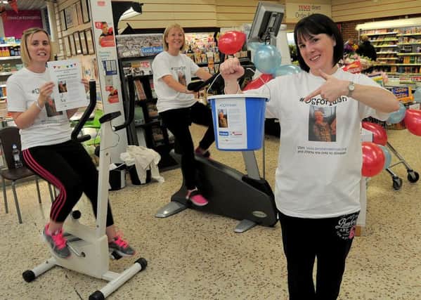 A team from Worksop took part in a Charity Stationary bike ride to raise money for a Rotherham boy Iwan Clarke (16) . at the Worksop Tesco store.
Iwan who has had Leukemia since the age of 10, has had 2 Bone Marrow Transplants both of which failed. The plan now is for him to recieve a revolutionary new Car-T-Cell treatment at Seattle Childrens Hospital  USA, costing £200,000.
Another  team were taking part in a 90 mile Bike ride to Skegness, for the same charity.
The team t said a big thank you to Tesco & Dean Spencer, for their assistance.
Photo, L/R Alison Beale, Debbie Rush, Jenna Spencer, at the Tesco Bike Marathon.