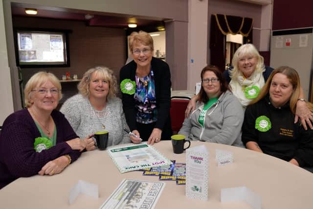 Macmillan Coffe morning at The Lyric Theatre, Dinningon, pictured from left are Coun Pat Smith, Donna Smith, Coun Pauline Davies, Alison Marsh, Coun Paula Russell and Ellen Stranger