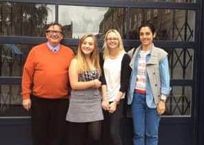 Queen Elizabeth's High School design students Laura Wilson and Amy Mackenzie with Sebastian Conran and his assistant