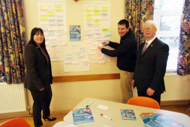 Isle MP Andrew Percy and Councillors John Briggs and Julie Reed at the sports centre consultation in Crowle.