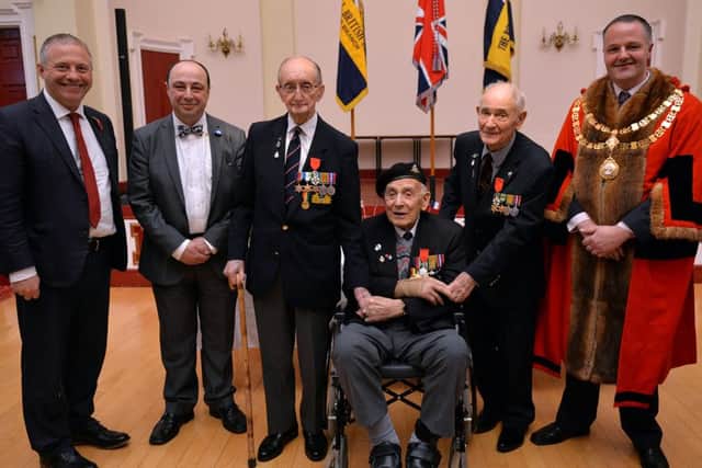 Legion D'Honneur Presentation at Retford Town Hall, pictured from left are MP John Mann, French Consul Jean-Claude Lafontaine, Geoff Lister, Alan Harvey, Ken Beard and Retford Town Mayor Coun Alan Chambers