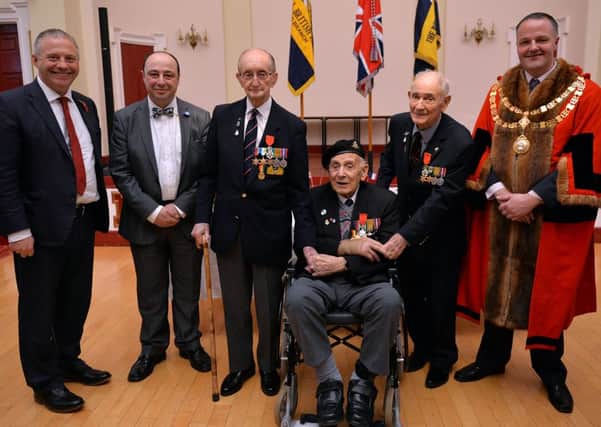 Legion D'Honneur Presentation at Retford Town Hall, pictured from left are MP John Mann, French Consul Jean-Claude Lafontaine, Geoff Lister, Alan Harvey, Ken Beard and Retford Town Mayor Coun Alan Chambers