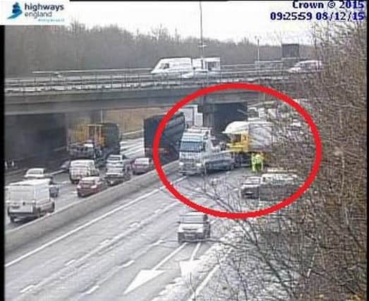 A lorry jackknifed on the northbound M1 near J28 and J30 causing traffic chaos in Nottinghamshire and Derbyshire. Credit: Highways England