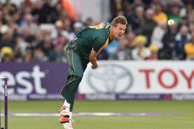 Jake Ball following through during the NatWest T20 Blast match between the Outlaws and the Bears at Trent Bridge, Nottingham on 15 May 2015. Photo: Simon Trafford