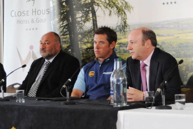 WILY WYLIE -- Graham Wylie (right), who is one of the high-profile owners to have top horses in training with Irish champion Willie Mullins. He is pictured here at a golf event with Worksop player Lee Westwood (centre).