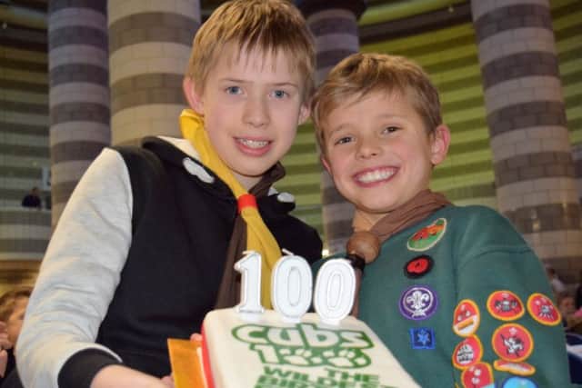 Members of 7th Retford Cubs with a Cub100 birthday cake