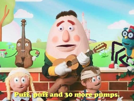 Humpty Dumpty, Jack and Jill, Incy Wincy spider and other nursery rhyme characters in the St John Ambulance video helping to show parents how to perform CPR if their baby stops breathing.