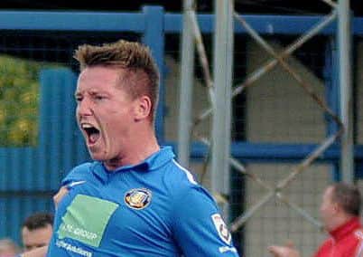 Action pics from the Gainsborough V Boston match. Gainsborough. Trinity in Blue kit Nathan Jarman celebrating his goal