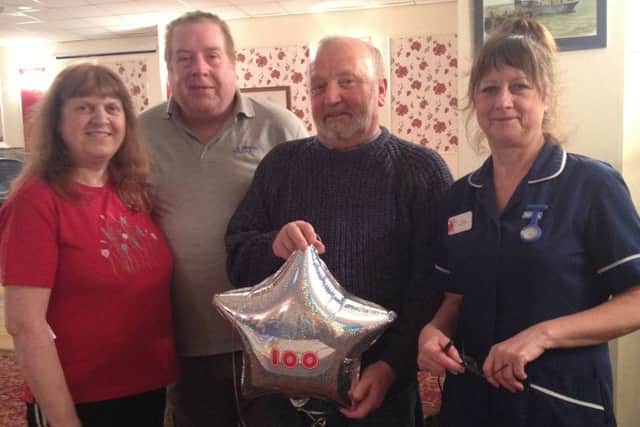 Denise & Graham Palmer (each gave their 50th donation), John Hunt (gave his 100th donation) and Carole (Donor Carer from NHS Blood & Transplant)