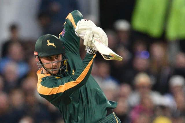Alex Hales punches straight down the ground during the NatWest T20 Blast match between the Outlaws and the Bears at Trent Bridge, Nottingham on 15 May 2015. Photo: Simon Trafford