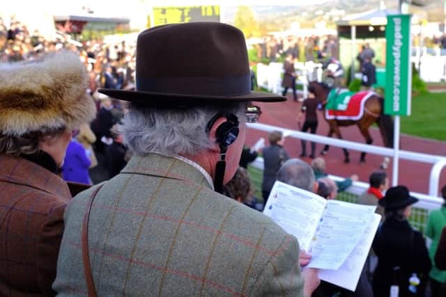 STUDYING THE FORM AT CHELTENHAM -- keen paddock-watchers using their eyes and ears in search of winners at last years Cheltenham Festival. (PHOTO BY: www.horseracingphoto.co.uk).