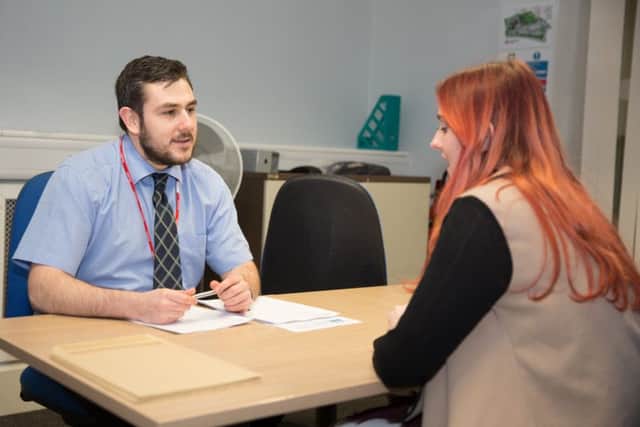 Danny Neagle, from Just Car Clinics, holds a mock interview with student Courteney Pilkiw during North Lindsey College's employability week