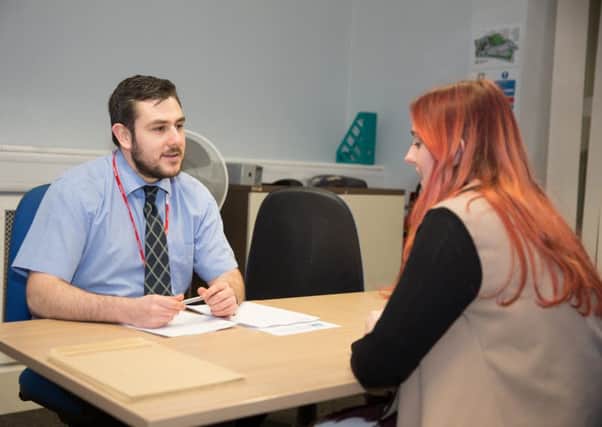 Danny Neagle, from Just Car Clinics, holds a mock interview with student Courteney Pilkiw during North Lindsey College's employability week