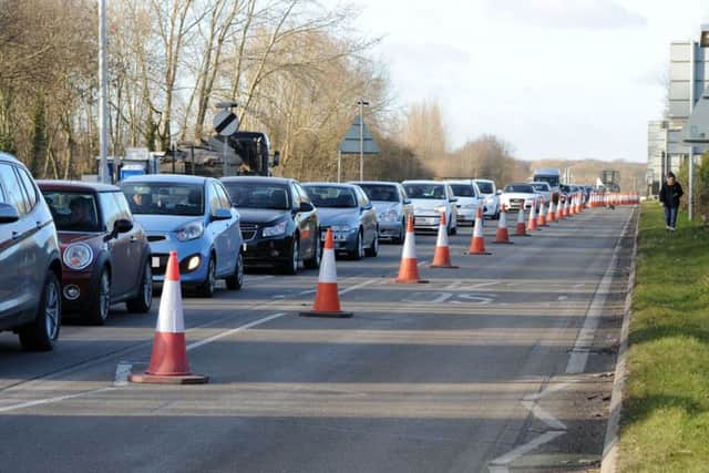 Traffic backing up the A57 at the Millhouse roundabout which is at the start of a 32 week re-development program.