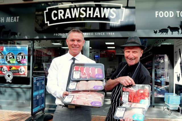Crawshaws Butchers at Worksop with Russ Davies Area Director (left) & Store Manager Steve Maxfield
