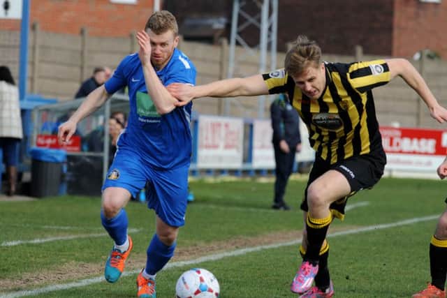 Gainsborough Trinity v Gloucester City.Jamie Yates makes progress down the right wing during the first half on Saturday.