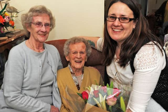 Alice Atkinson, a resident at the North Warren Care Home in Gainsborough, is wished happy birthday from her daughter Celia Rowe and activities and Events co-ordinator, Kerry Baines on Saturday.
