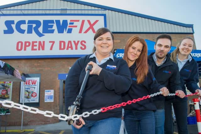 ScrewFix store opening at Gainsborough. Manager Jessica Russell, Kara Grimes, Asst Manager Mark Hubbard and Lorna Middleton perform the opening ceremony.