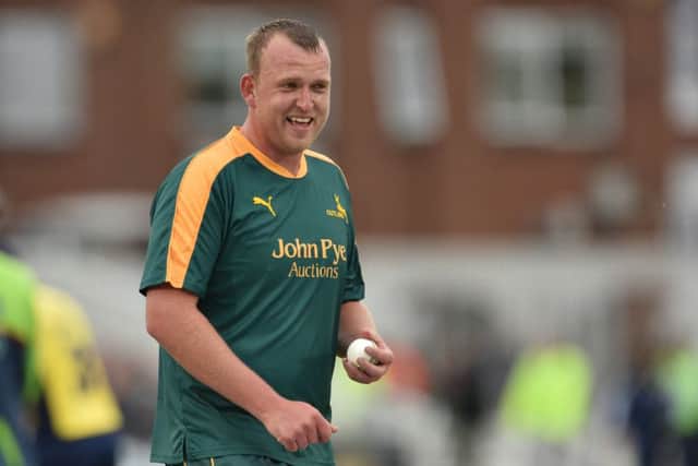 Luke Fletcher smiling during the NatWest T20 Blast match between the Outlaws and the Bears at Trent Bridge, Nottingham on 15 May 2015. Photo: Simon Trafford