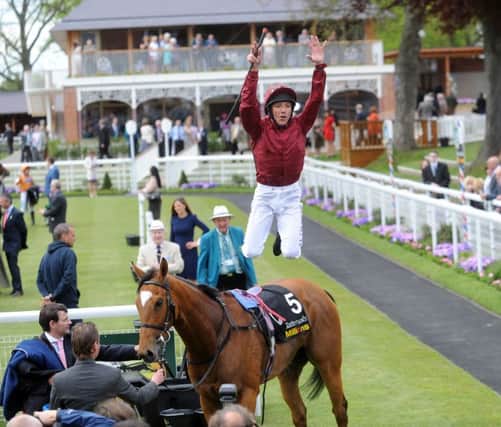 STAR OF YORK -- a flying dismount by Frankie Dettori after victory last year on Star Of Seville in the Musidora Stakes, this week's big Oaks trial at York.