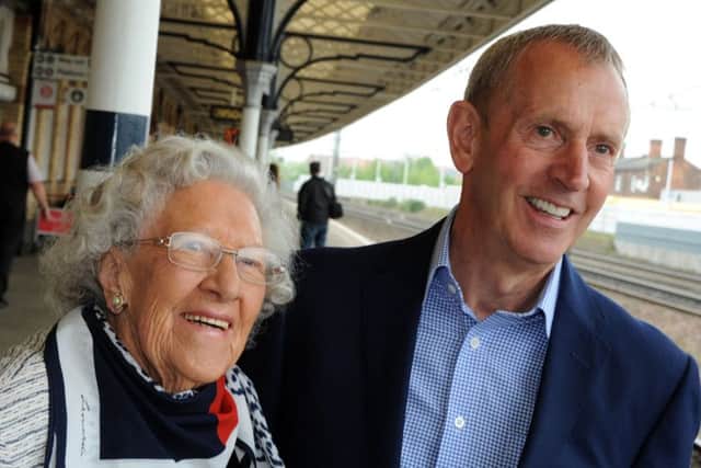 Muriel Fox with her nephew Perry Fox wait on Retford Train Station platform for their connection to ride the Flying Scotsman.