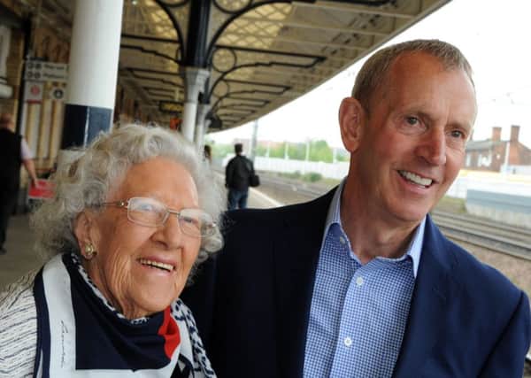 Muriel Fox with her nephew Perry Fox wait on Retford Train Station platform for their connection to ride the Flying Scotsman.