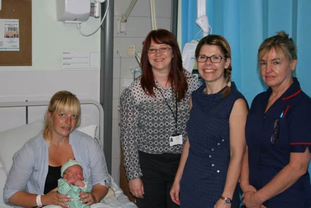 Bonnie Henton with baby Fergus Henton, Tracy ONeil from Galatia, Lucy Picksley Acis Community Engagement Coordinator and Matron for Inpatients Maternity Julie Bulteel.